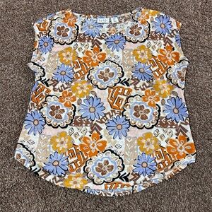 Nicole Miller Graphic Cap Sleeve Blouse in Blue and Gold